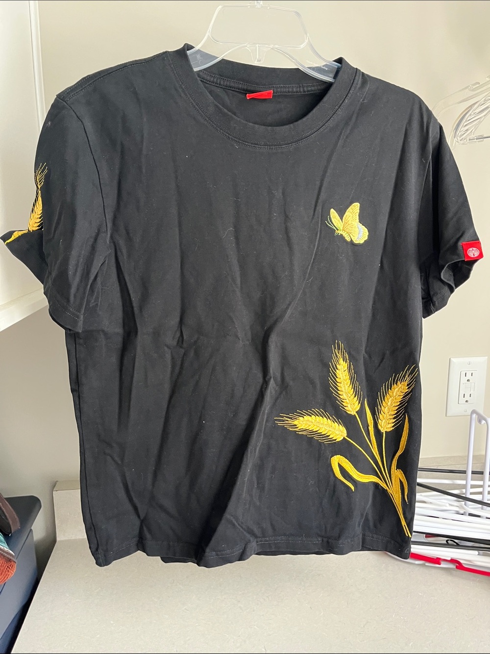 Ina Black Short-Sleeve Tee with Yellow Butterfly & Embroidered Wheat